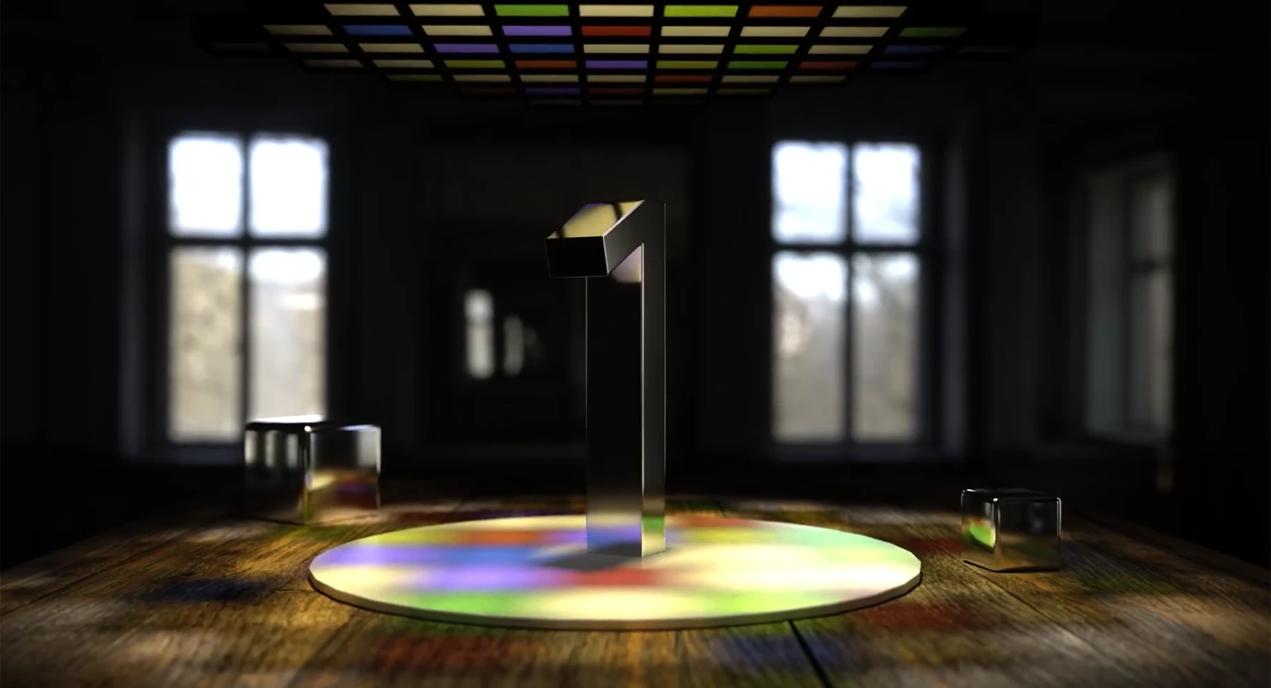 Die Eins als 3D-Modell in dunklem Chrome