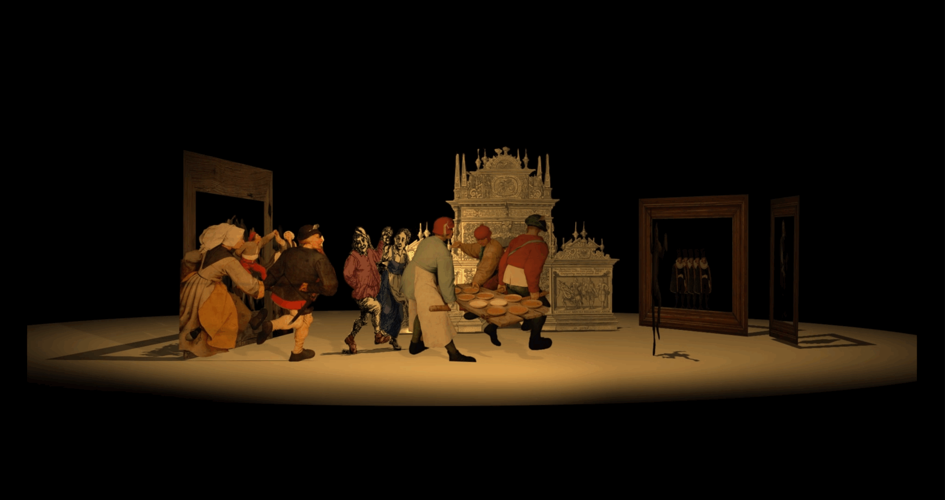 Szenenfoto aus der Episode „Hochzeitstriumph”: zweidimensionale Bildelemente in einem dreidimensionalen Bühnenraum mit Drehbühne angeordnet